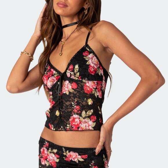 Edikted Lace Tank Top floral portofino crop womens Black (medium) y2k going out - Picture 1 of 8